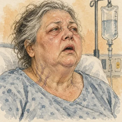 Overloaded Olive — NCLEX story mnemonic character for Fluid Volume Overload: Crackles, Bounding Pulse & Stop the Infusion