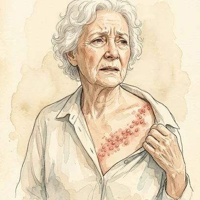 Shingles Sheila — NCLEX story mnemonic character for Herpes Zoster: The One-Sided Band of Blisters and Airborne Rules