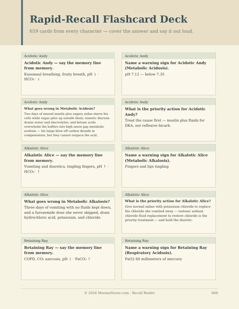 Rapid-recall flashcard deck page with prompt, answer and story hook