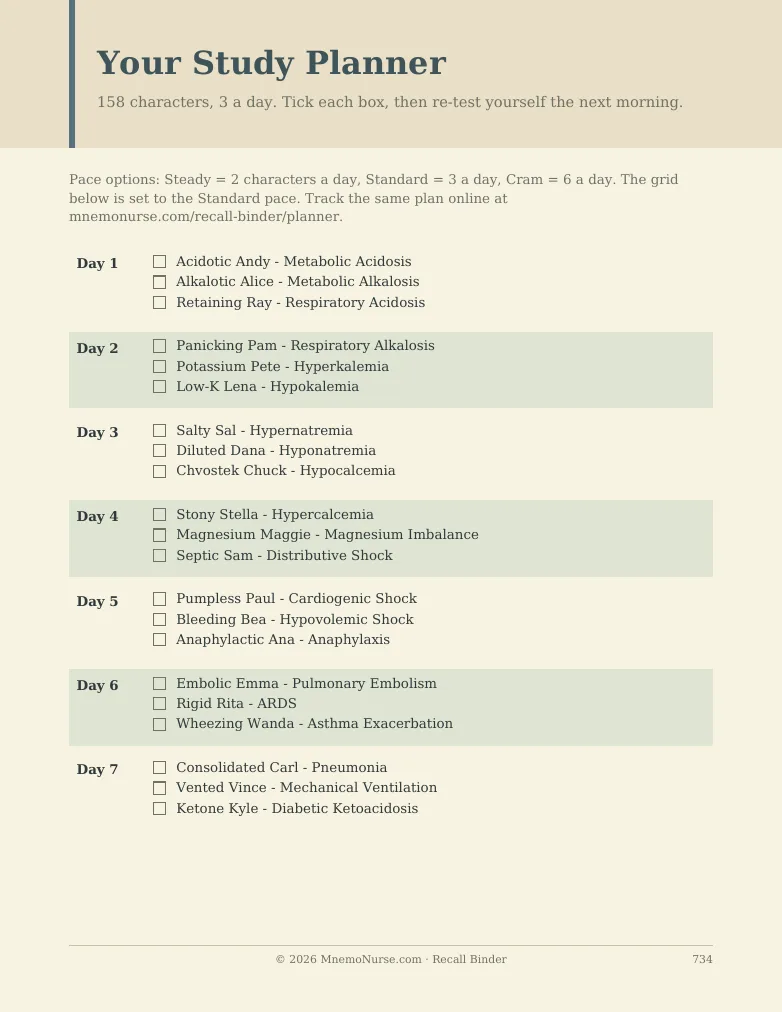 Study planner page from the MnemoNurse Recall Binder